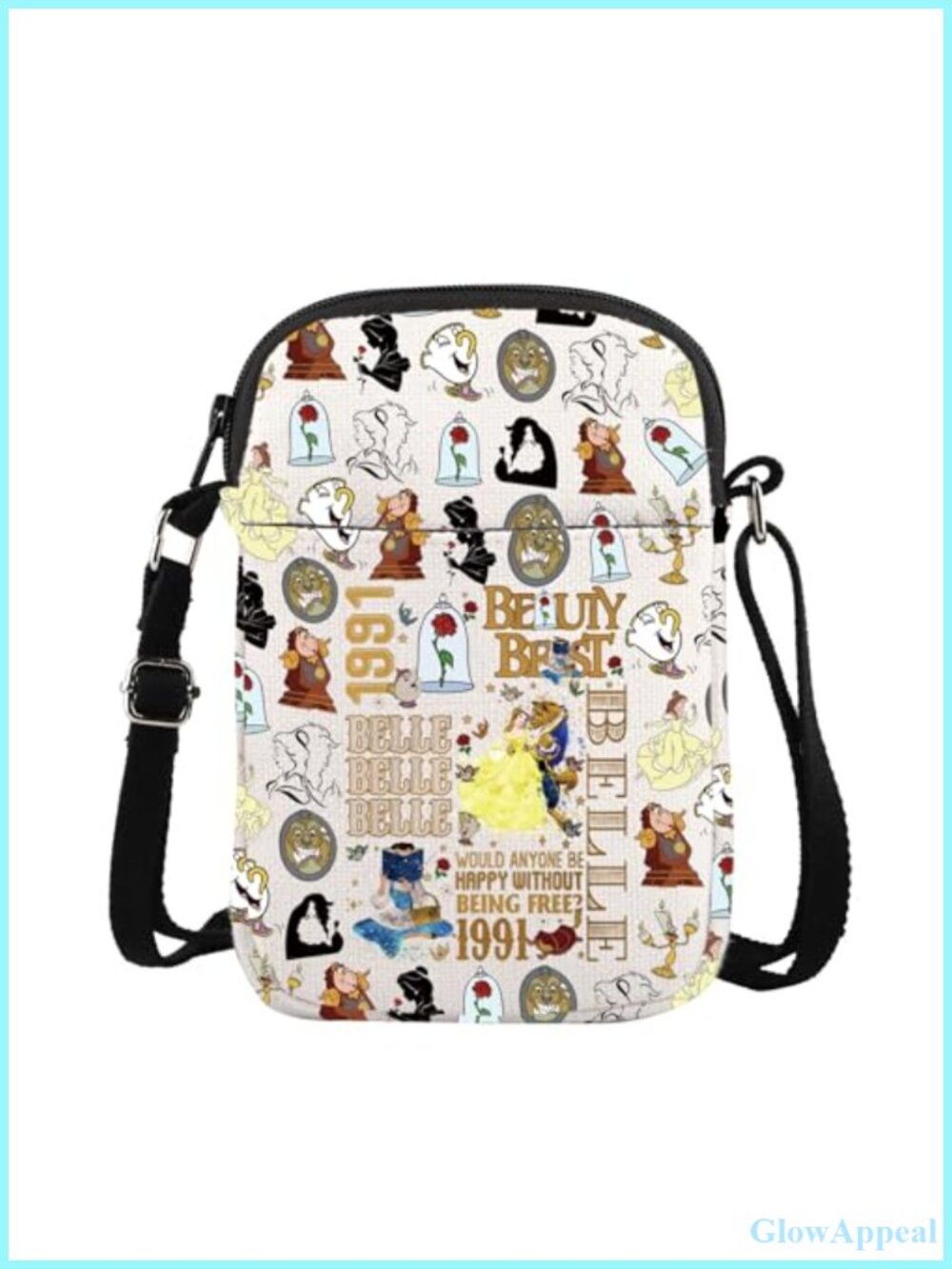 Cotton Linen Crossbody Bag Cartoon Print Adjustable Strap 3 Pockets